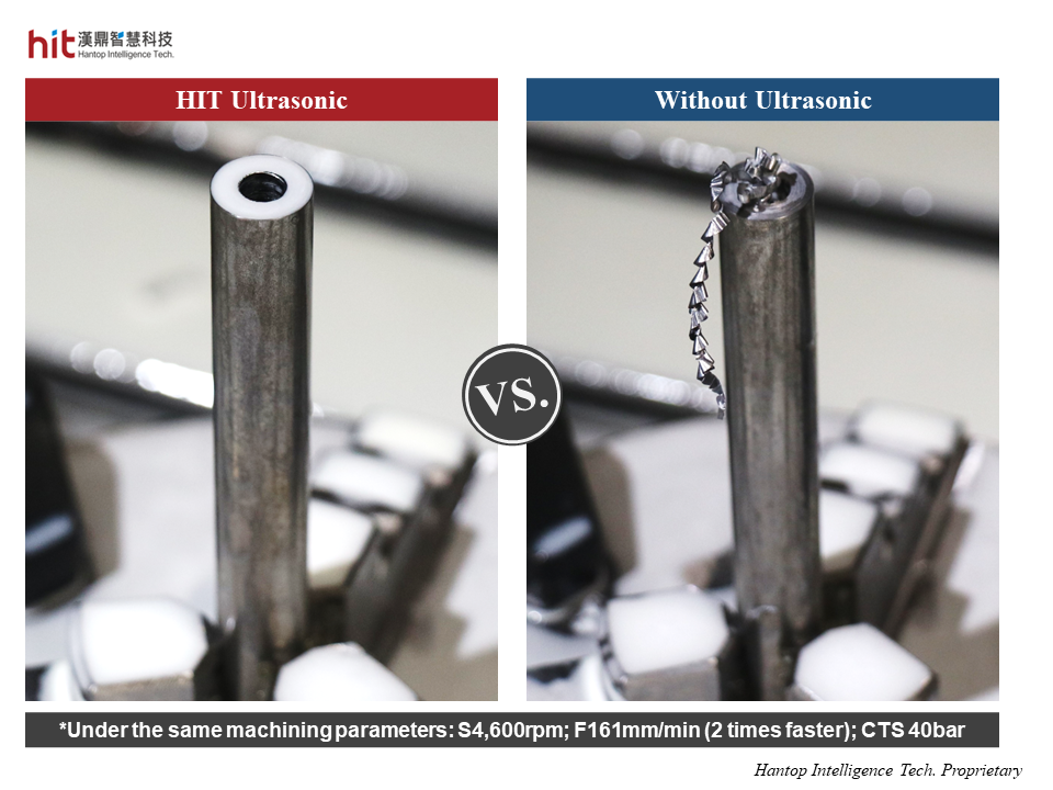 the comparison of chip removal process between HIT Ultrasonic and Without Ultrasonic on deep hole drilling of AISI-1045 carbon steel workpiece